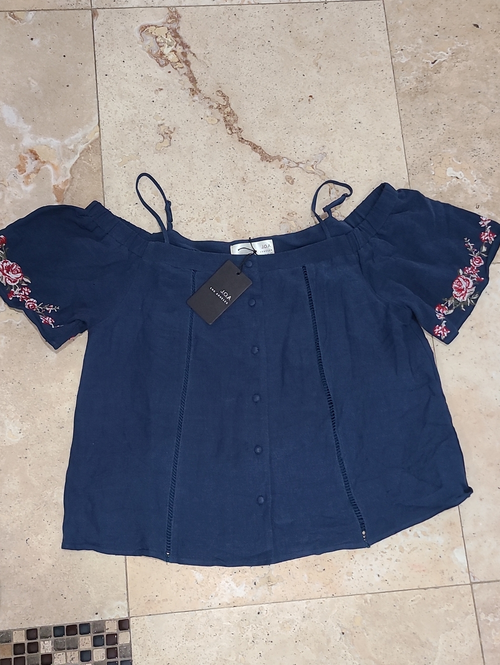 J.O.A. Navy Off-the-Shoulder Button Front Blouse with Rose Embroidery